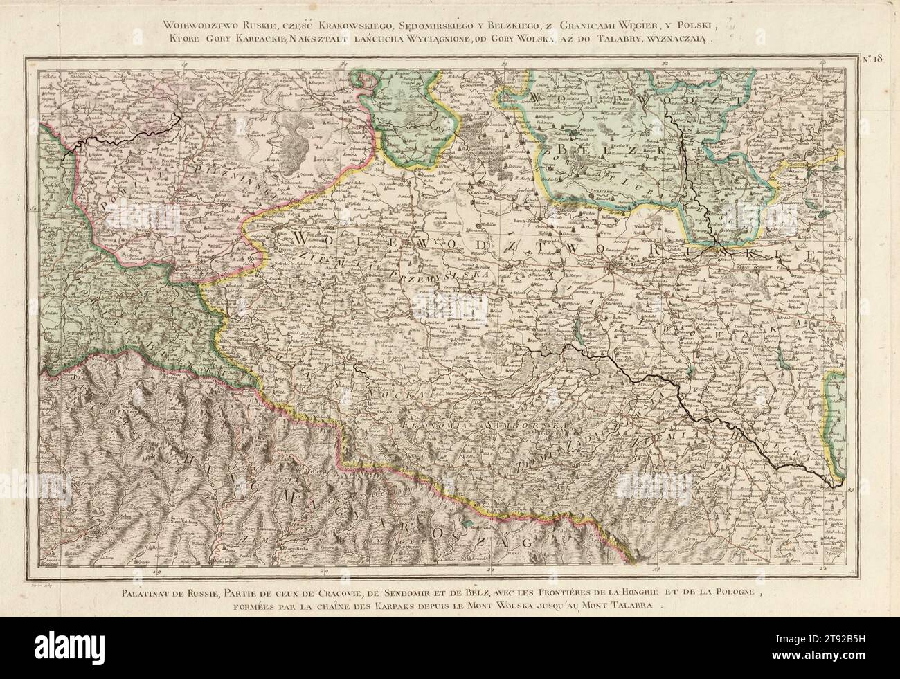 Karte der polnischen Woiwodschaften Ruthenian, Krakau und Sandomierz von Zanonni, altpolnische Karten, historische polnische Karten, Vintage-Kartographie Stockfoto