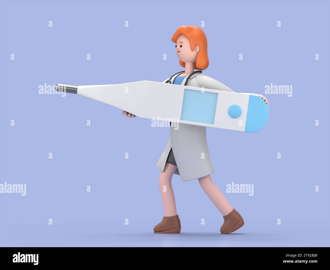 3D-Illustration des weiblichen Doktors Nova hält großes Thermometer, leeres Modell mit Kopierraum.medizinische Präsentation Clipart isoliert auf blauem Hintergrund. Stockfoto