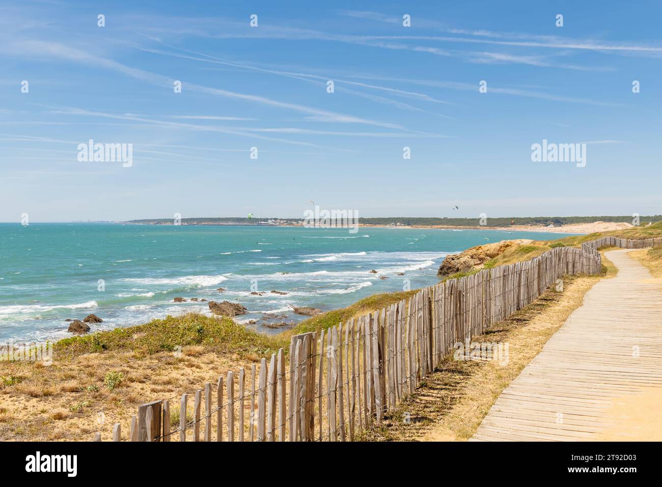 Blick auf den Strand Pointe du Payre, Jard sur Mer, Frankreich an einem Sommertag, Vendée, Frankreich Stockfoto