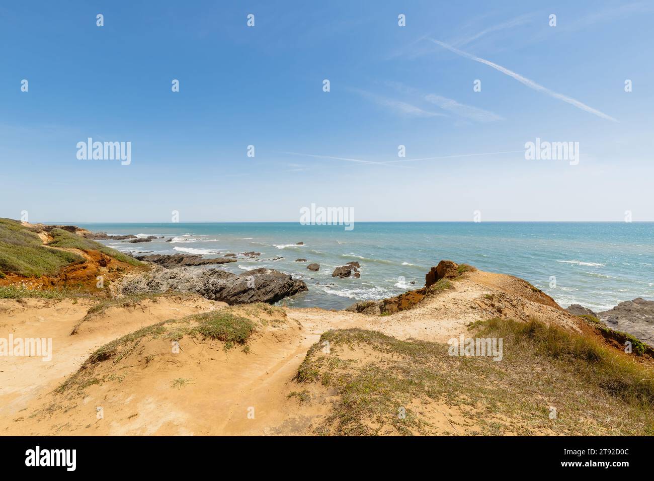 Blick auf den Strand Pointe du Payre, Jard sur Mer, Frankreich an einem Sommertag, Vendée, Frankreich Stockfoto