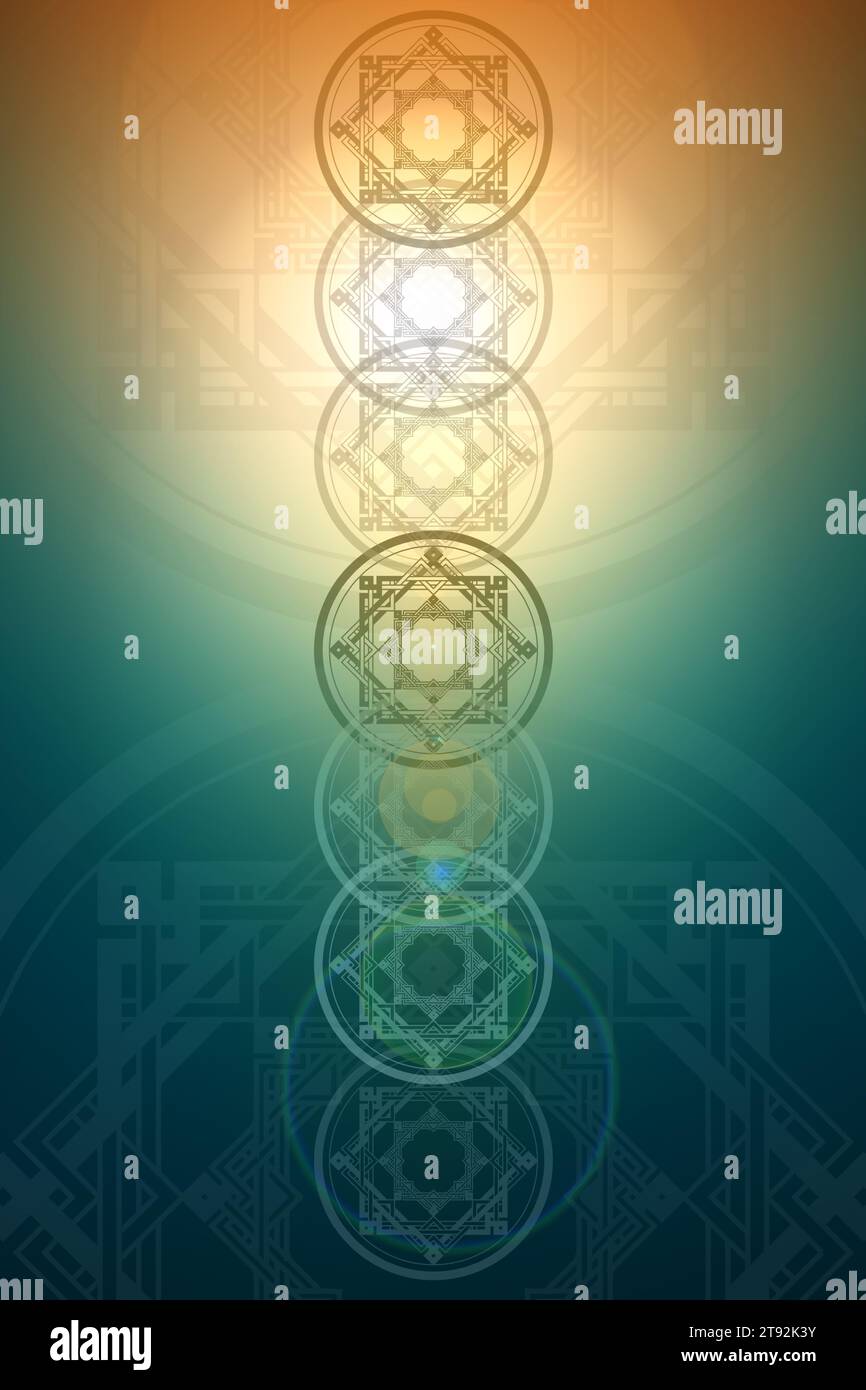 Farbenfroher Hintergrund mit geometrischem Element. Heilige Geometrie-Motive. Vintage-Dekorationselemente. Stockfoto