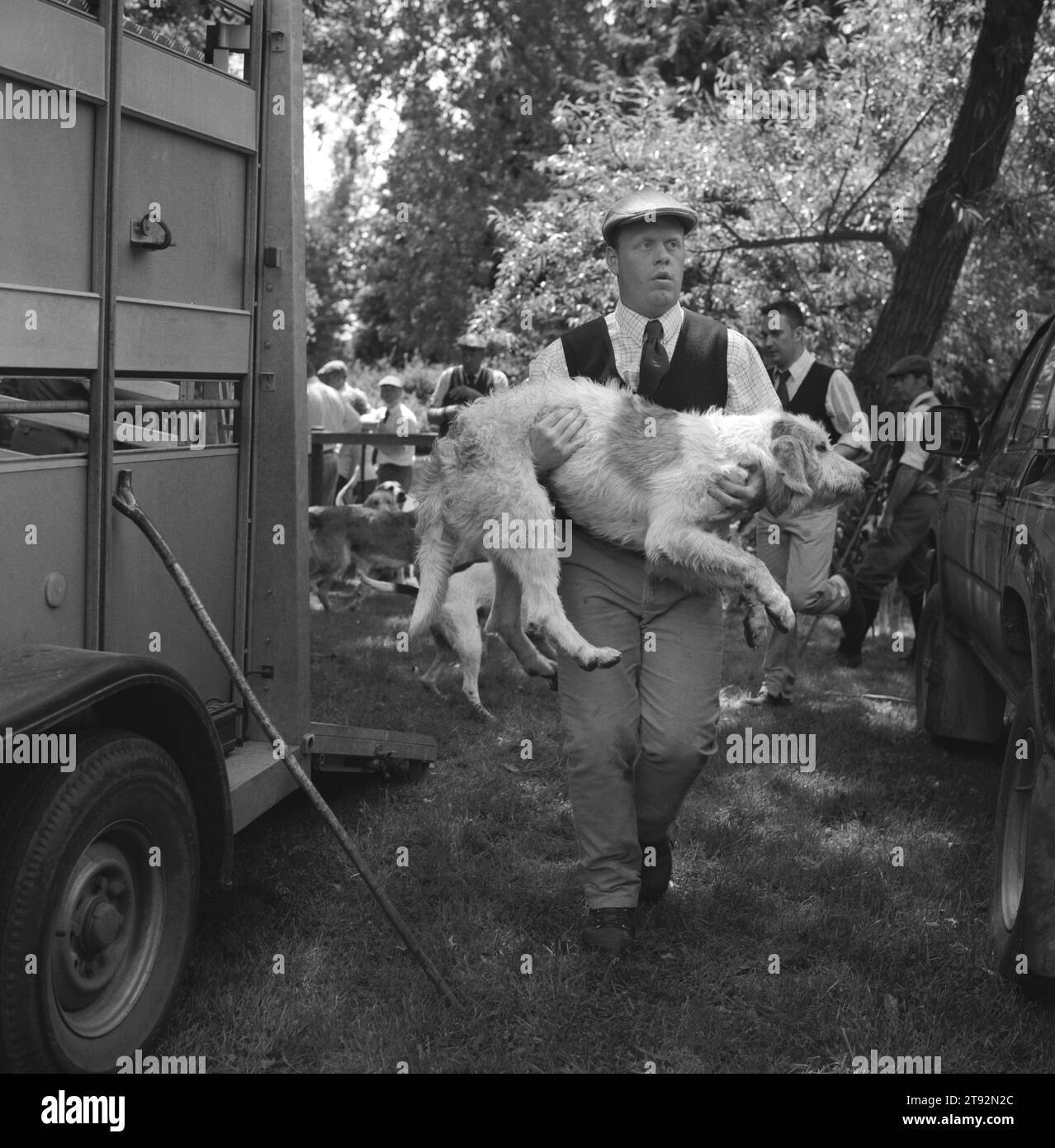 Nerzjagd Großbritannien. Der Valley Minkhounds, Whipper-in, Michael Riching, trägt einen Otterhund auf traditionelle Weise zurück zum Wagen. In der Nähe von Aldermaston, Berkshire 2002, England HOMER SYKES der 2000er Jahre Stockfoto