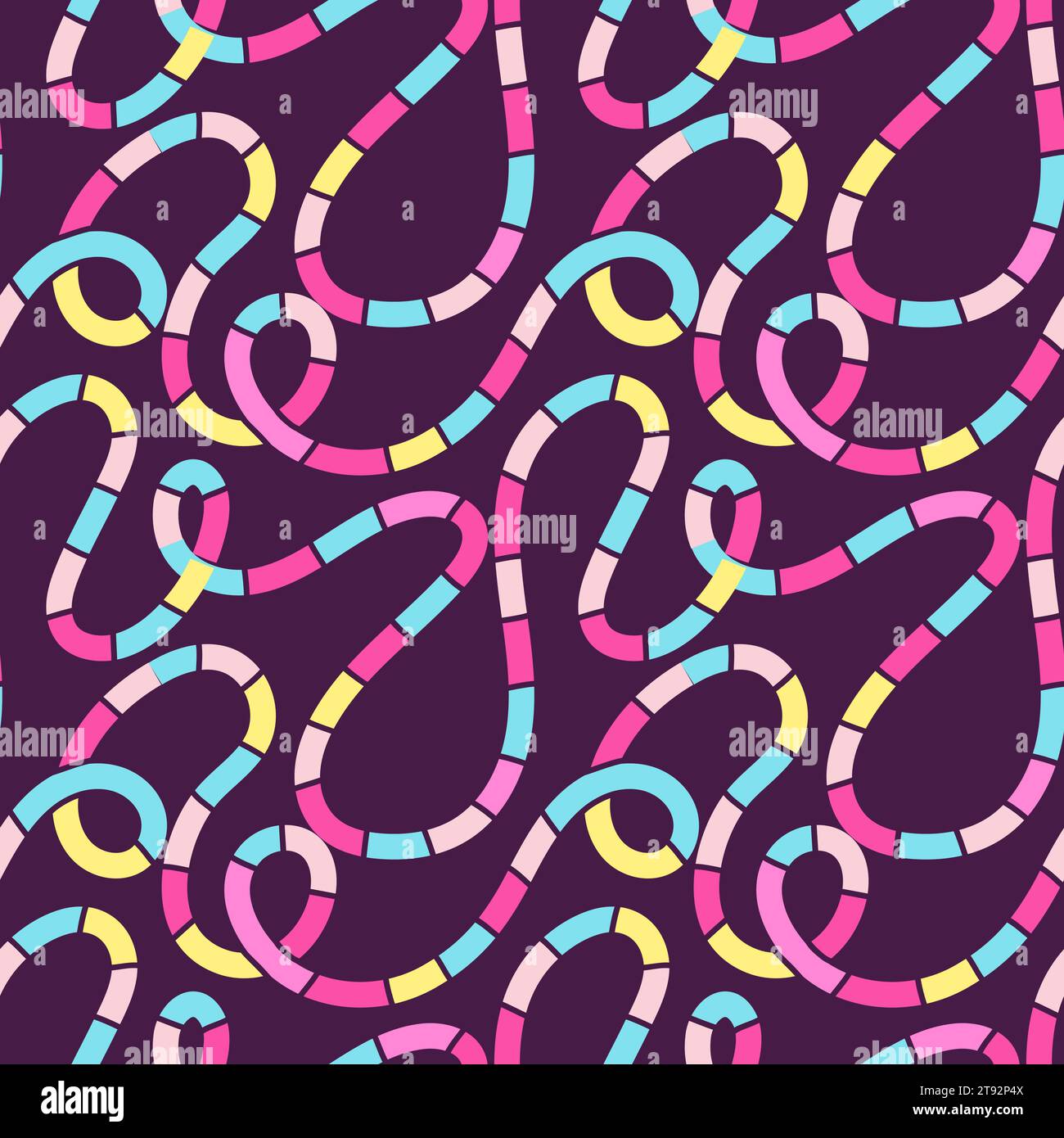 Naives nahtloses Schnörkelmuster mit leuchtend rosa und lila welligen Linien auf dunklem Hintergrund. Kreativer abstrakter Zeichenhintergrund im Squiggle-Stil Stock Vektor