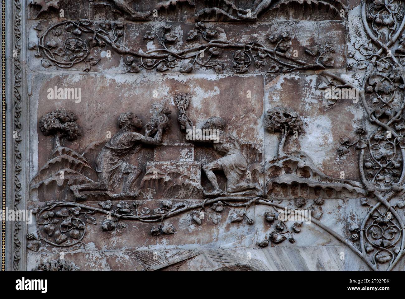 Kain und Abel opfern Gott, eine Weizengarbe von Kain und ein Lamm von Abel. Marmorrelief an der Westfront der Kathedrale in Orvieto, Umbrien, Italien, Duomo di Santa Maria Assunta. Diese Skulptur wird Lorenzo Maitani (ca. 1275–1330) zugeschrieben, der die spätgotische Fassade der Kathedrale entwarf. Maitani soll als Bildhauer direkt auf zwei Tafeln eingegangen sein, die zwei der vier unteren Pilaster der Fassade bedecken: Eine Platte zeigt Szenen aus der hebräischen Bibel/dem Alten Testament, einschließlich der Szene in diesem Bild. Stockfoto