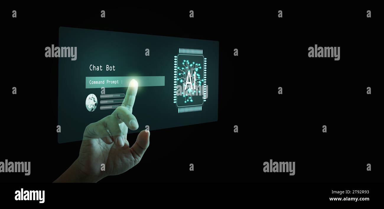 Chat Bot Chat mit AI. Ein Mann verwendet eine virtuelle Grafik der globalen KI-Tech-Verbindung mit Befehlszeile, um Ergebnisse zu generieren. Futuristische Unternehmenstechnologie Stockfoto