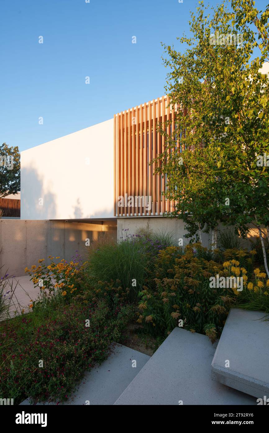 Ein luxuriöses Haus mit einem minimalistischen und weißen Pool und Gärten könnte ein zeitgenössisches und elegantes Design haben Stockfoto