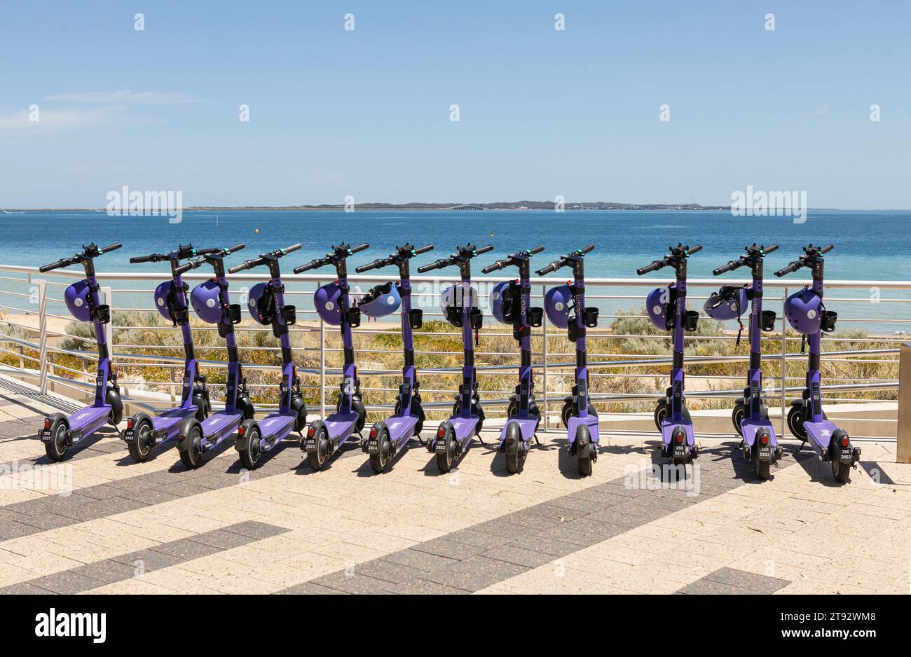 12 lila Elektrofahrräder standen bereit für den Einsatz an der Küste von Rockingham in der Nähe von Perth Western Australia. Stockfoto