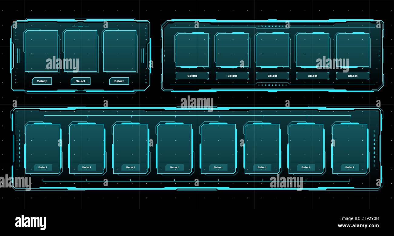 HUD Sci fi futuristische Spielrahmen, Displays und Bildschirme. Infoboxen benutzeroberfläche im digitalen modernen Technikstil. Vector High-Tech Neonfarben leuchtende Designelemente für Gamer-Menüs oder Benutzeranwendungen Stock Vektor