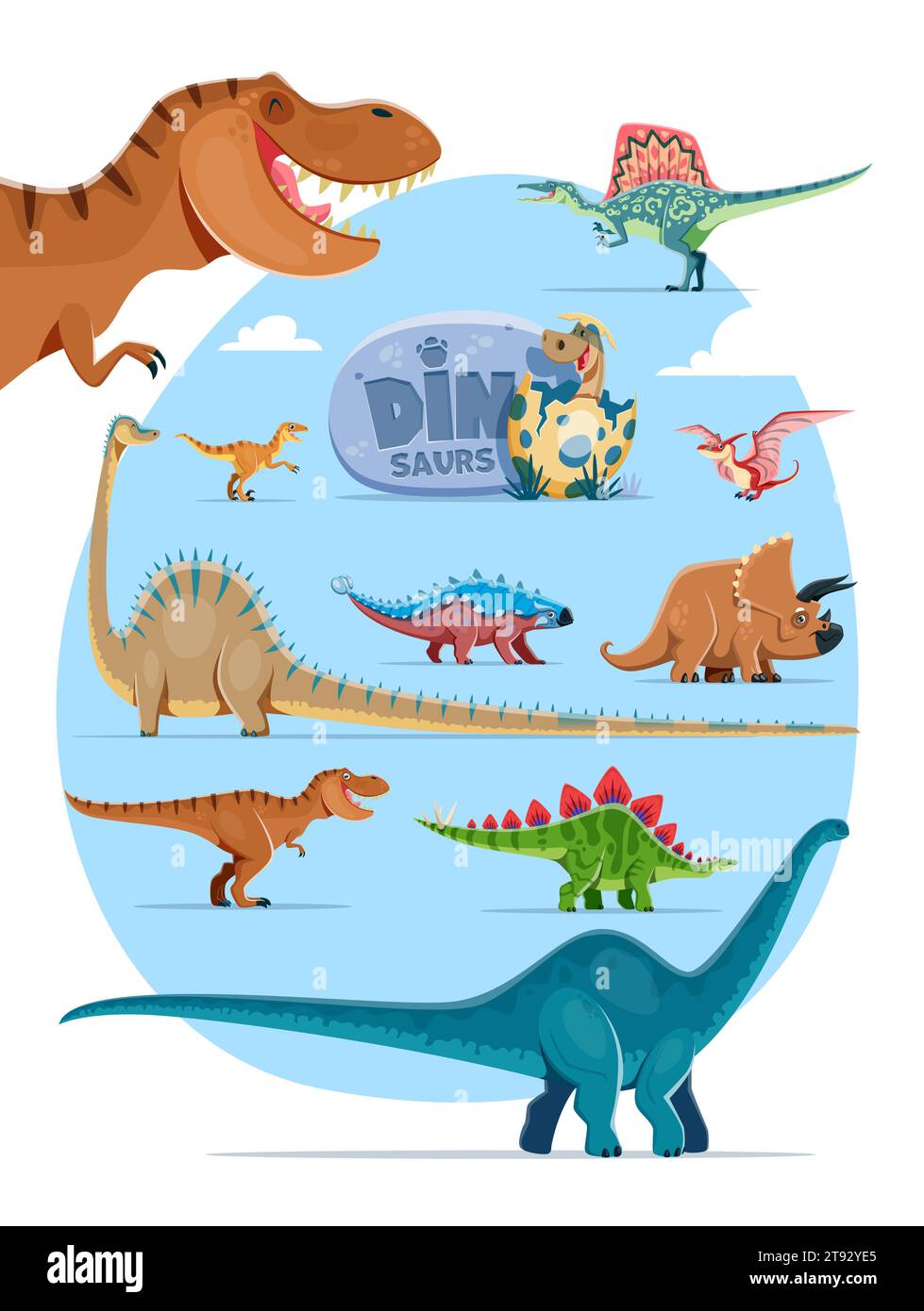 Cartoon-Dinosaurier isolierte Charaktere. Spinosaurus, Velociraptor, Pterodactyl und Pteranodon, Ankylosaurus, Triceratops, Diplodocus, Tyrannosaus und Stegosaurus, Brontosaurus Dinosaurier lustige Persönlichkeiten Stock Vektor