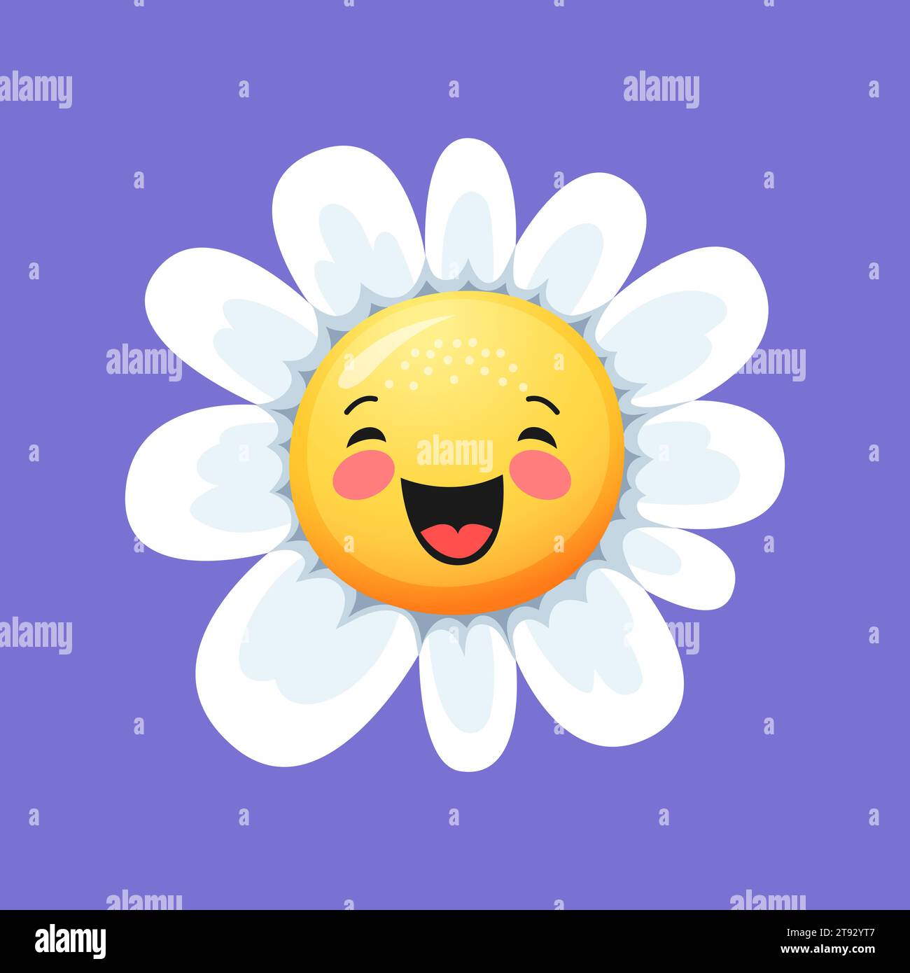 Kamillenlächeln Gänseblümchencharakter. Cartoon süße lachende Kamillenfigur mit geschlossenen Augen. Isolierter Vektor positives Blütenemoticon, lustiges lächelndes Blütengesicht. Kindliches Kindergartenemblem Stock Vektor