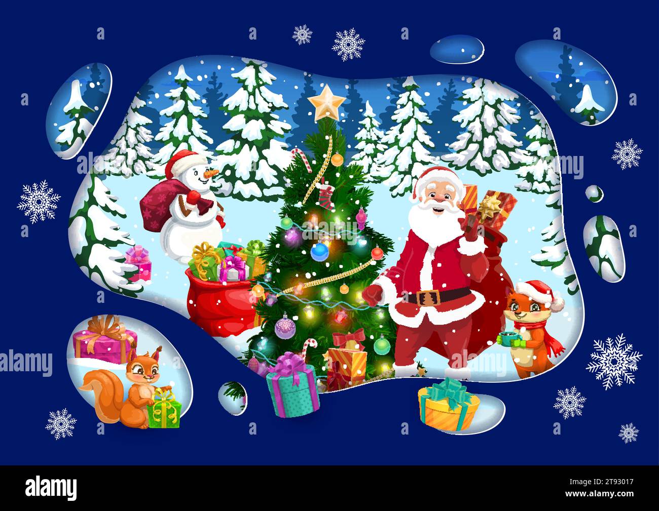 Weihnachtspapier schneiden die Weihnachtslandschaft. Vektor-Grußkarte für Weihnachtsfeiertag mit