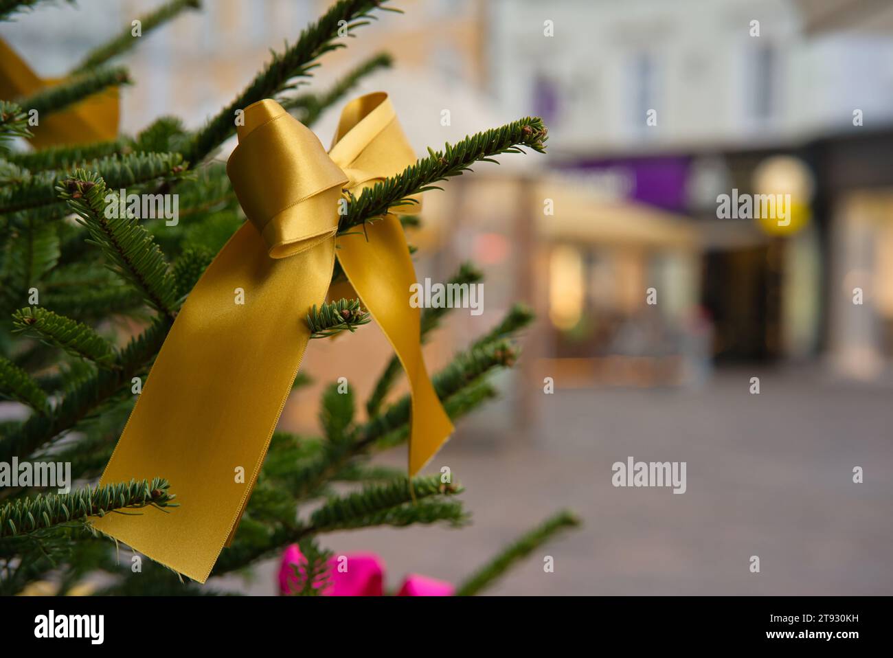 Tauchen Sie ein in die Weihnachtsstimmung mit einem Blick auf einen Weihnachtsbaum, der von einem leuchtenden goldenen Band geschmückt ist, vor dem Hintergrund von hellbraun und W Stockfoto