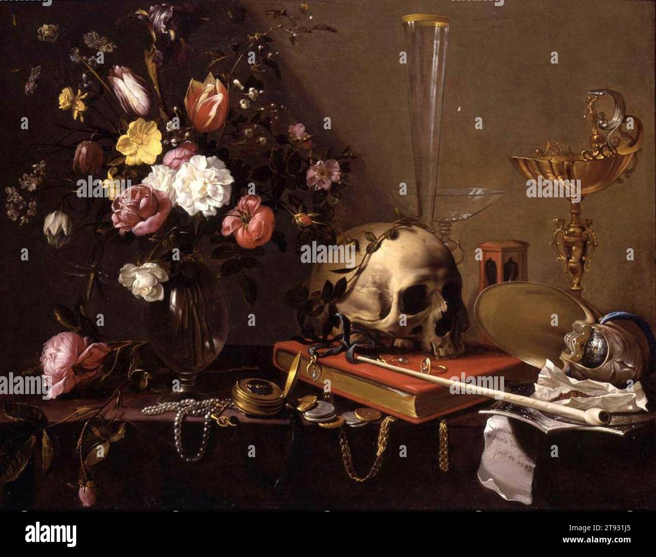 Vanitas Stillleben mit einem Bouquet und einem Schädel um 1642 von Adriaen Van Utrecht Stockfoto