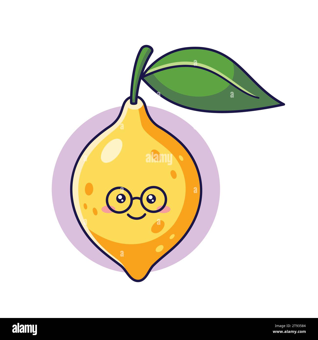 Süße Kawaii Lemon Figur mit Brille. Vektor Hand gezeichnete Zeichentricksymbol Illustration. Zitronencharakter im Doodle-Stil. Isoliert auf weißem Hintergrund. Stock Vektor