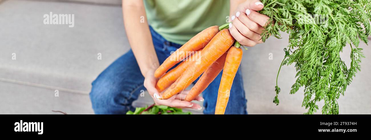 Zugeschnittene Ansicht einer Frau mit frischen Karotten, pflanzlicher Vitamindiät, horizontales Banner Stockfoto