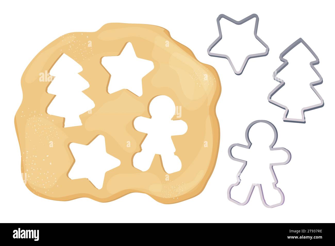 Teig mit Keksausstecher Stern, Mann, weihnachtsbaum Formen von oben Ansicht Cartoon Stil isoliert auf weißem Hintergrund. Zubereitung, Kochen. Vektorabbildung Stock Vektor