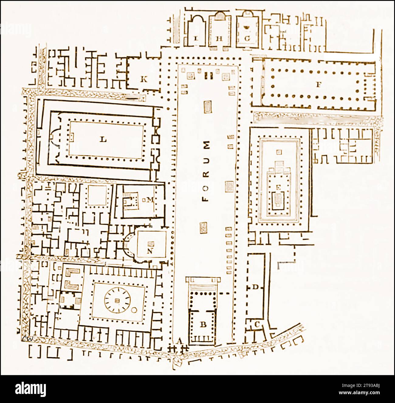 Ein Stich aus dem 19. Jahrhundert, der Einen Plan des Forums in Pompeji aus dem 19. Jahrhundert zeigt, wie er damals war. - UN'incisione del XIX secolo che mostra una pianta ottocentesca del Foro di Pompei com'era a quel Tempo. - Stockfoto