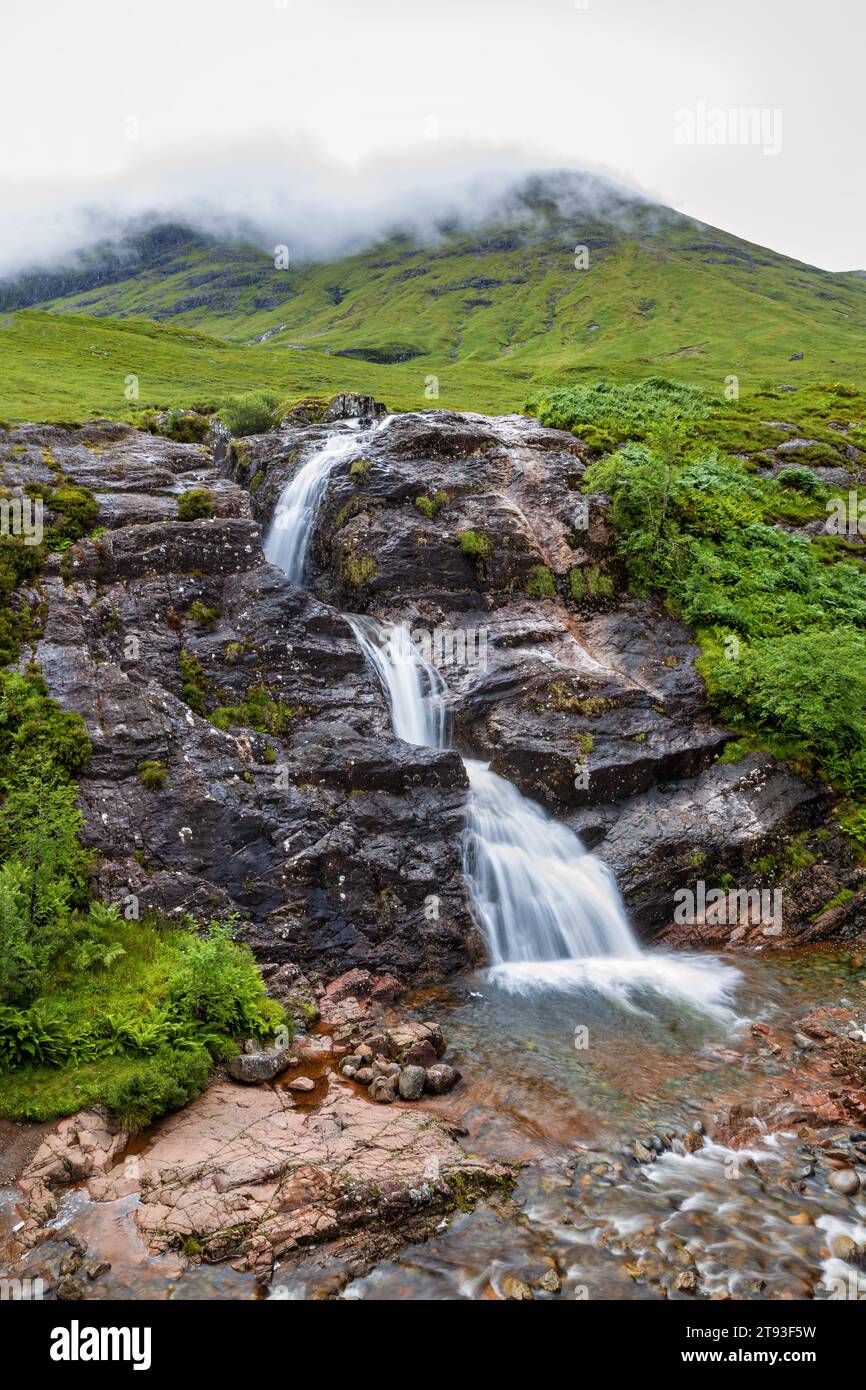 Fälle von Glencoe, auch bekannt als das Treffen der drei Gewässer an einem bewölkten Morgen, Glencoe, Schottland Stockfoto