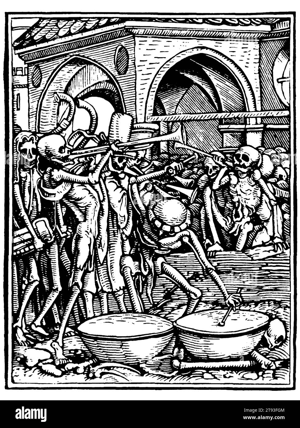 Ein Friedhof - Platte 5 von 49 - der Tanz des Todes, Hans Holbein der Jüngere, 1523-26. Hochauflösender Gotischer Holzschnitt Stockfoto