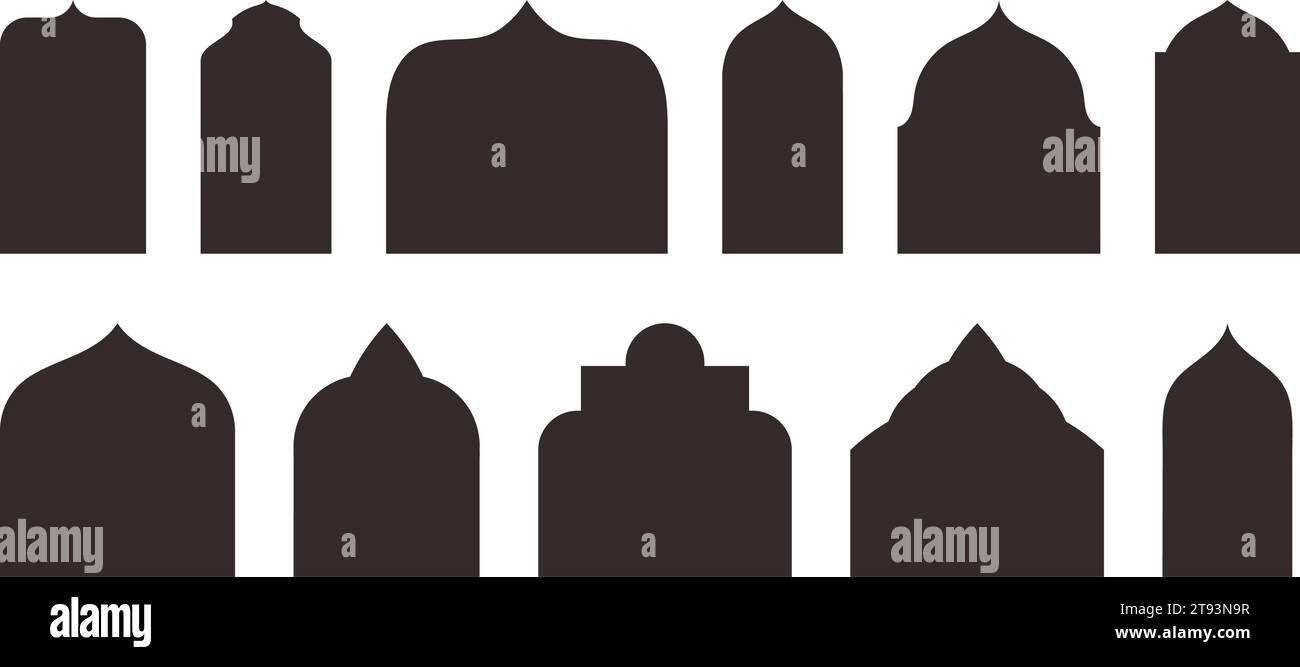 Modernes Design von islamischen Türen, Fenstern und Bögen. Moschee Kuppel und Laternen. Perfekt für Ramadan und Eid Mubarak Vektor Silhouette Illustrationen. Stock Vektor