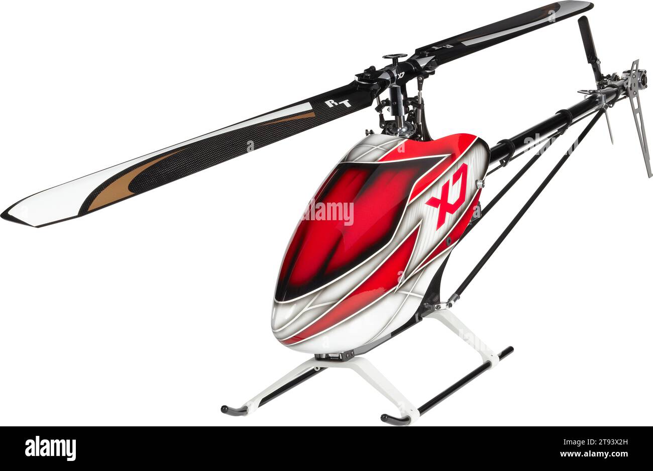 Nahaufnahme eines ferngesteuerten Hubschraubers, isoliert auf weißem Hintergrund, Hubschrauber isoliert. Stockfoto