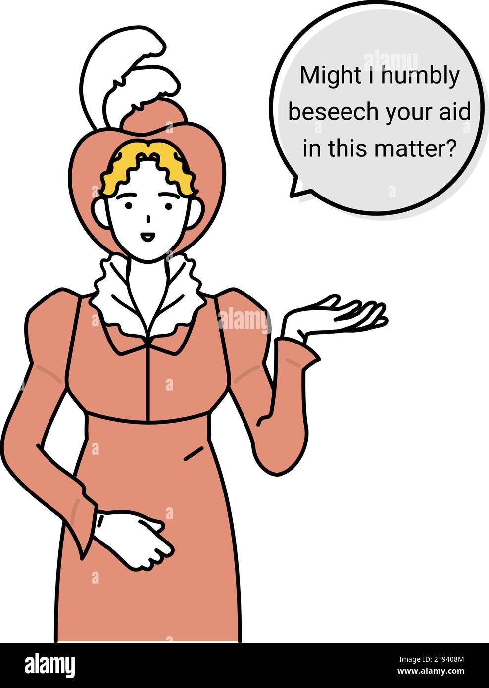 Englisches Gespräch, aristokratisch aussehende Frau aus dem 19. Jahrhundert bittet um Hilfe im klassischen Englisch, Vektor-Illustration Stock Vektor
