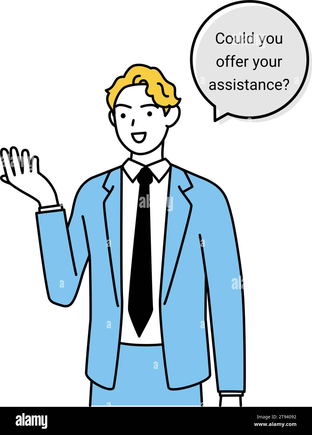 Englisches Gespräch, Mann in Anzug amerikanischer Abstammung macht ein Jobangebot auf Englisch, Vektor-Illustration Stock Vektor