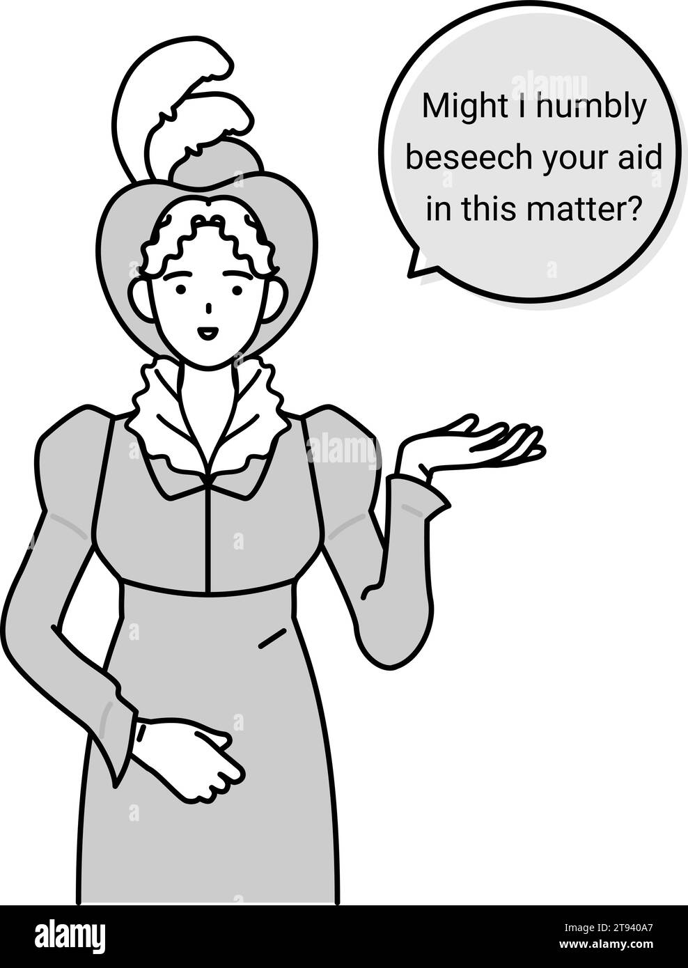 Englisches Gespräch, aristokratisch aussehende Frau aus dem 19. Jahrhundert bittet um Hilfe im klassischen Englisch, Vektor-Illustration Stock Vektor