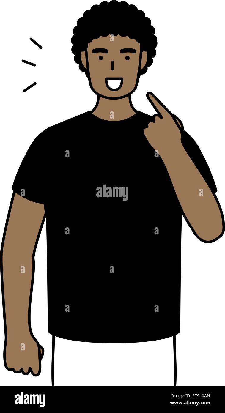 Junger schwarzer Mann, der Aussprache im englischen Gespräch unterbringt (zeigt auf seinen Mund), Vektor-Illustration Stock Vektor