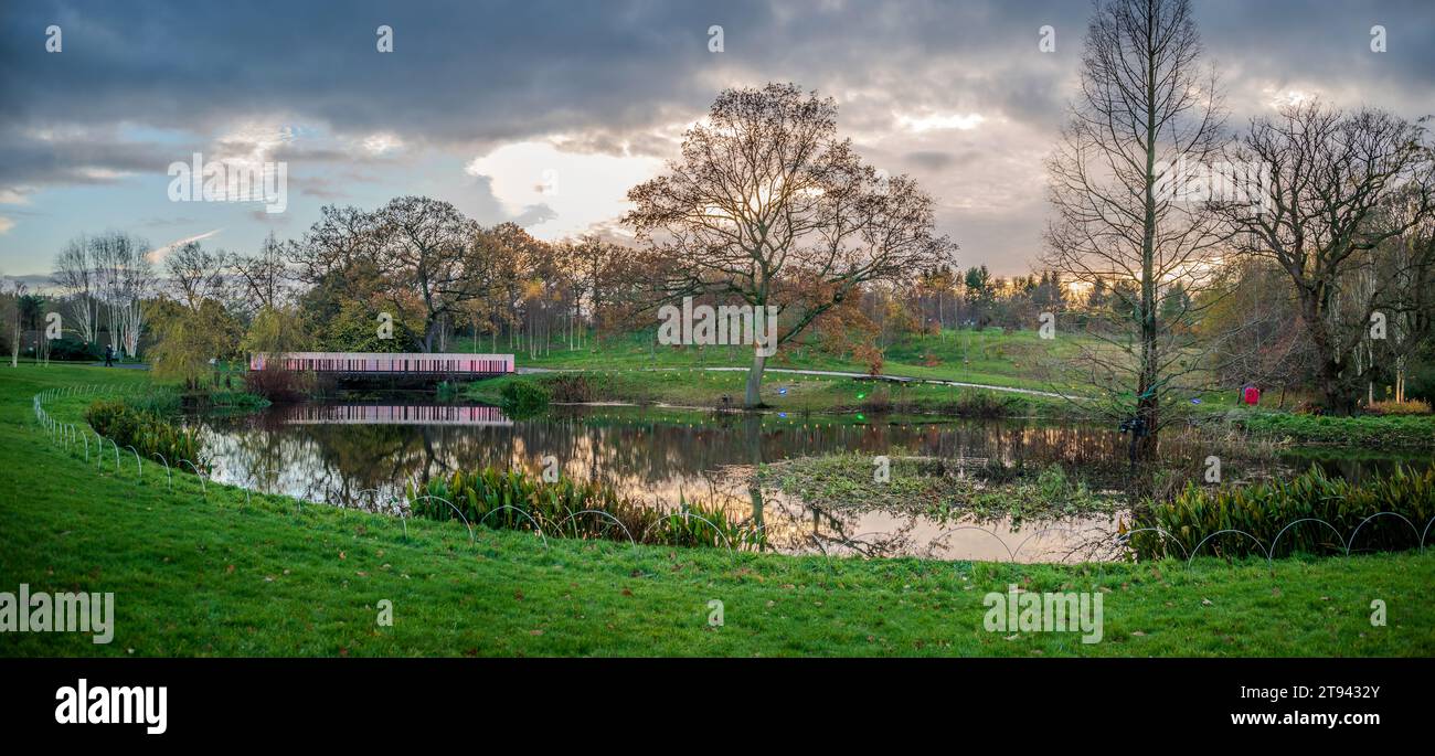 Der Queen Mother's Lake im Herbst im RHS Harlow Carr Gardens in Harrogate. Stockfoto