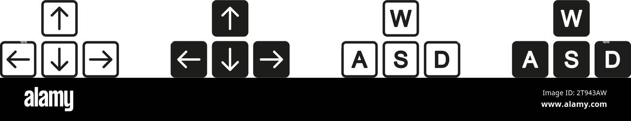 Symbolgruppe für Tastaturtaste. Pfeiltaste und Symbol WASD Set (WASD-Einstellung). Vektorabbildung Stock Vektor