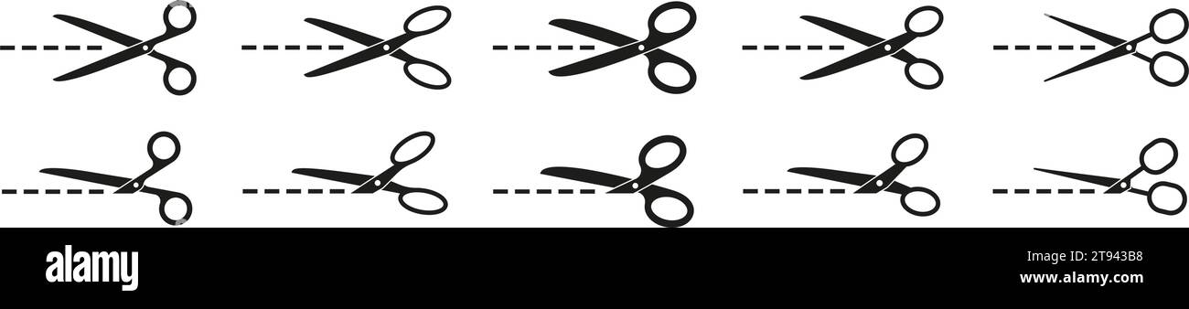 Schere Symbolsatz. Schere mit Schnittlinien. Vektorabbildung. Stock Vektor