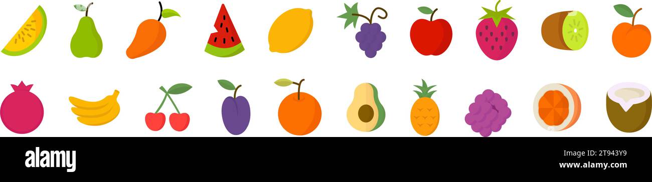 Obstsymbole. Flaches Obstset. Vektorabbildung. Stock Vektor