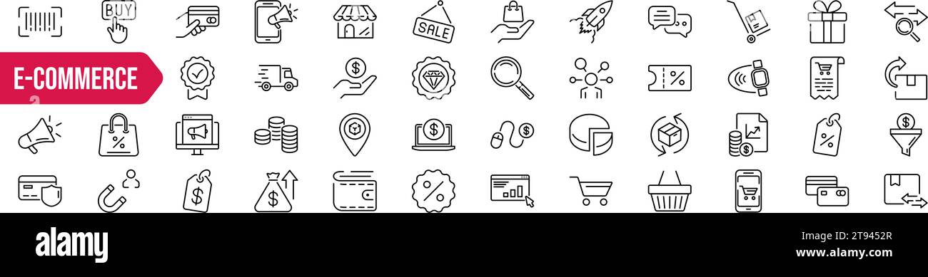 E-Commerce-Symbolgruppe. Lineare Symbolgruppe einkaufen. Vektorabbildung. Stock Vektor