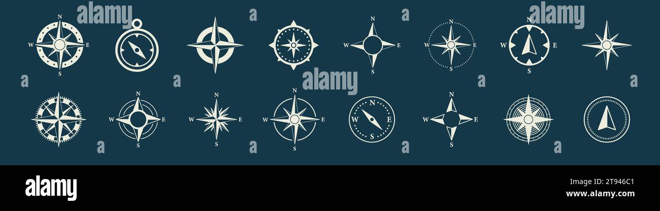Kompasssymbole festgelegt. Sammlung der Kompass-Symbole. Einfaches Symbol. Stock Vektor