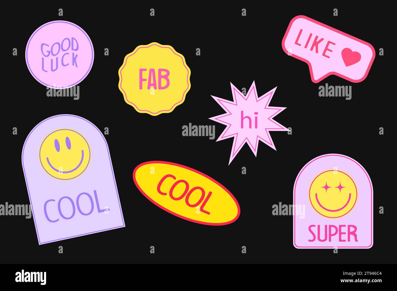 Set mit coolen Smile Stickern. Trendige Niedliche Girly Patches Kollektion. Stock Vektor