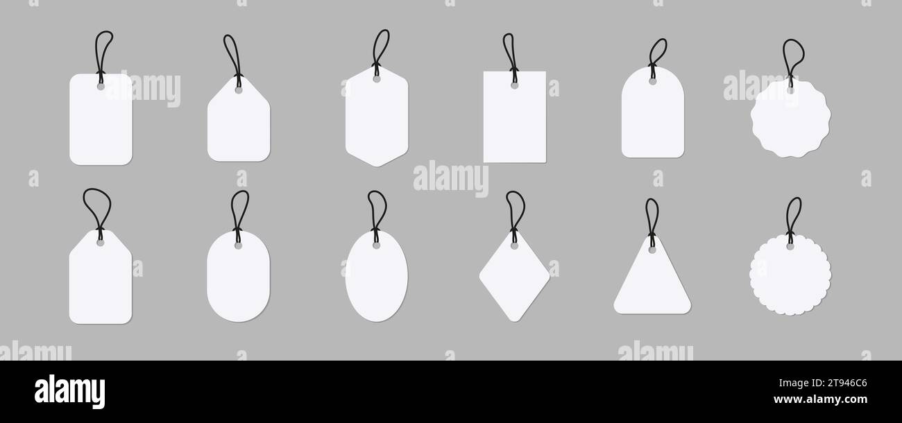 Set von leeren Symbolmodellen. Einfaches leeres Etikett, das an einem Seil hängt. Vektorabbildung Stock Vektor