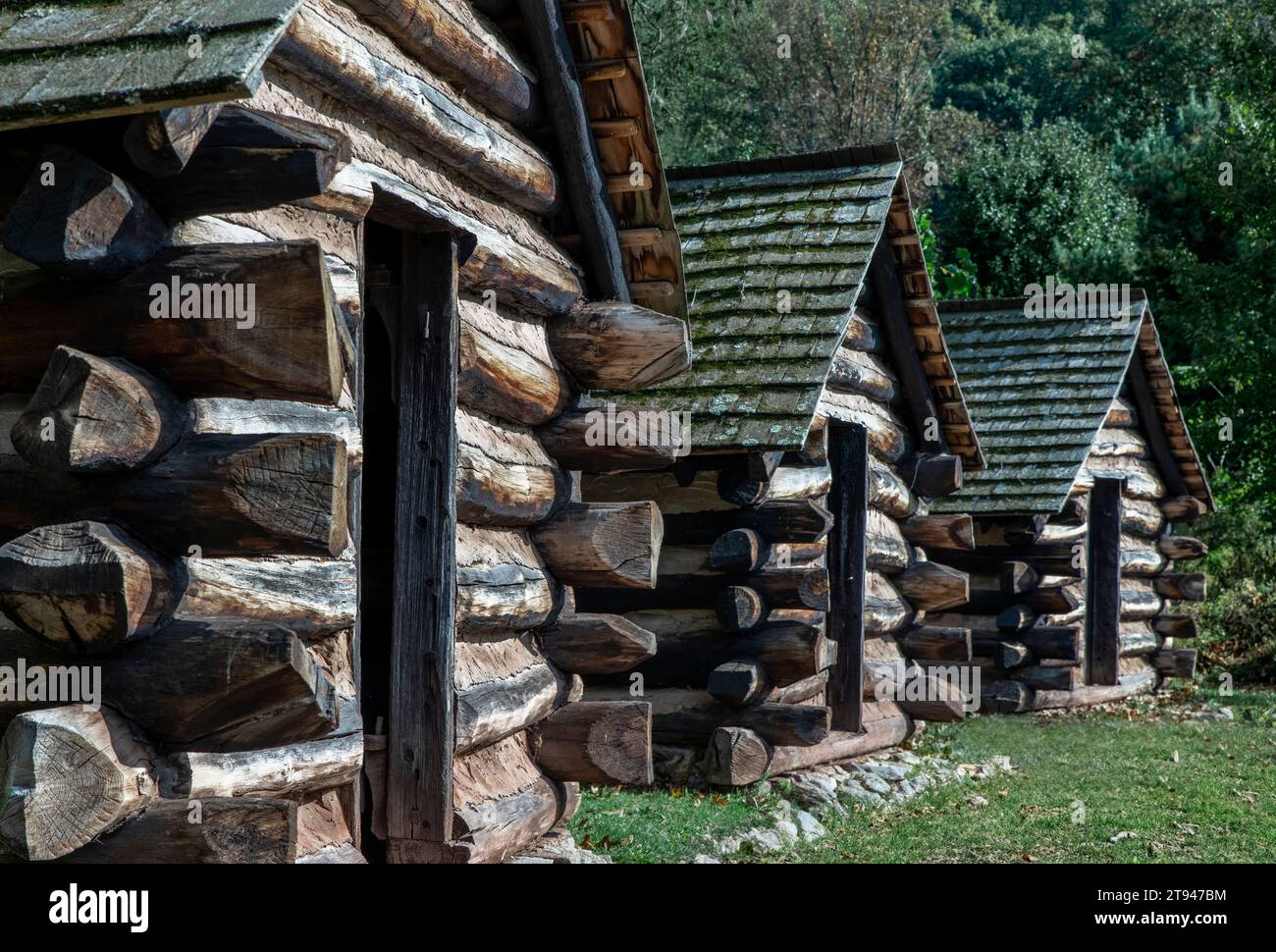 Infanterie-Hütten im Valley Forge National Historical Park. Stockfoto