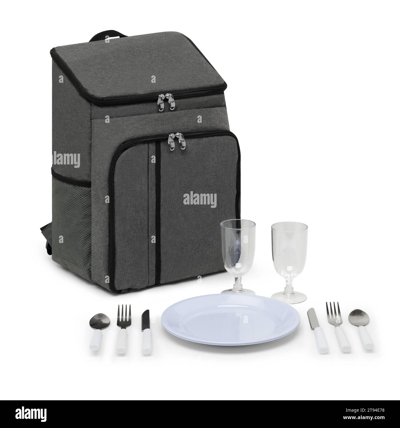 Große Kapazität Canvas Lunch Picknick Schultertaschen Rucksack mit Rädern für Rucksack Set für 4 Personen auf weißem Hintergrund mit Schneideweg. Stockfoto