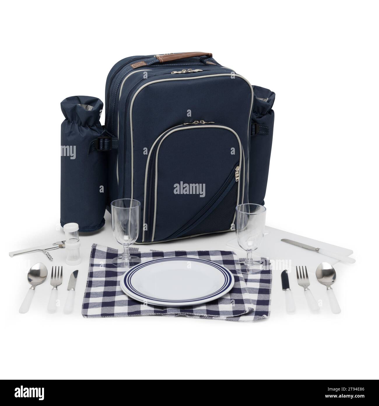 Große Kapazität Canvas Lunch Picknick Schultertaschen Rucksack mit Rädern für Rucksack Set für 4 Personen auf weißem Hintergrund mit Schneideweg. Stockfoto
