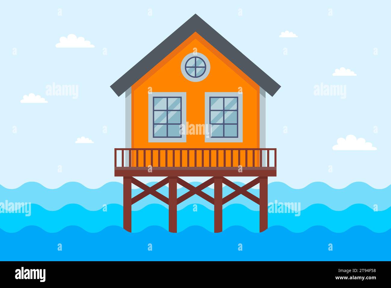 Haus auf Stelzen im Meer. Überschwemmung mit Wasser. Illustration des flachen Vektors. Stock Vektor