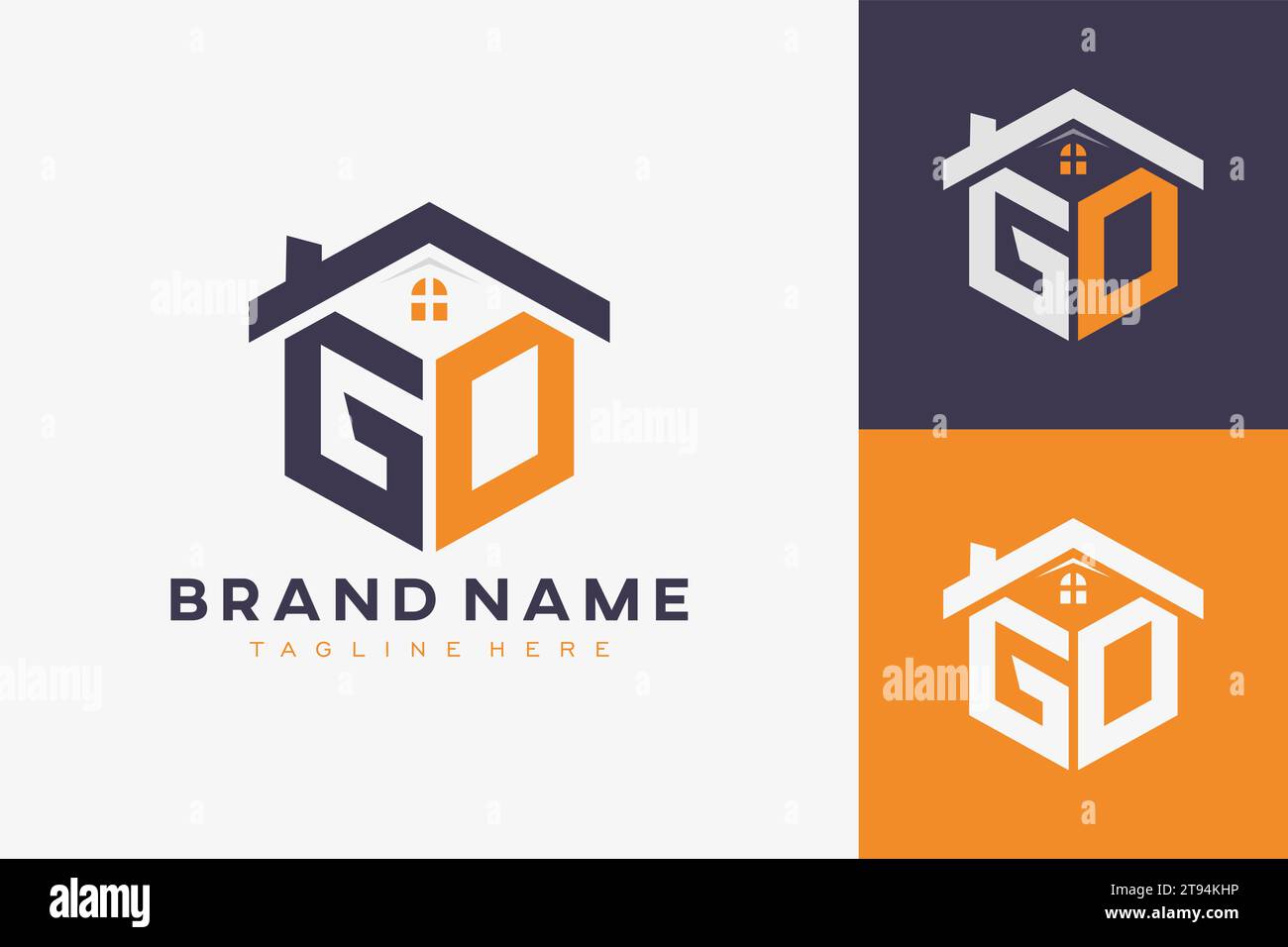 Hexagon GO House-Monogramm-Logo für Immobilien, Immobilien, Bauunternehmen. Box-förmige Initiale mit fav-Symbolen Vektorgrafik templ Stock Vektor