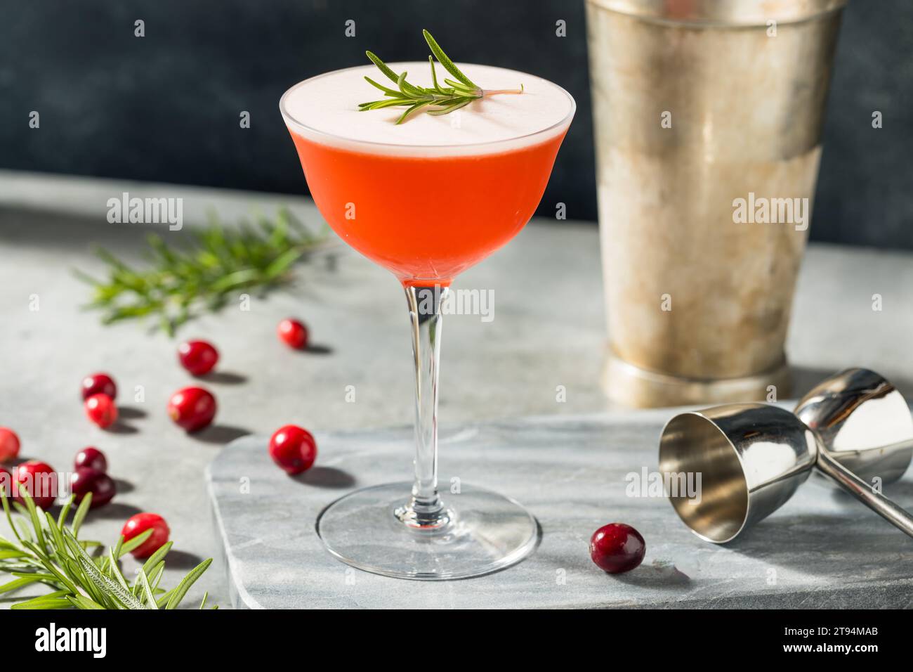 Festlicher Weihnachtscocktail mit Rotem Cranberry und Rosmarin Stockfoto