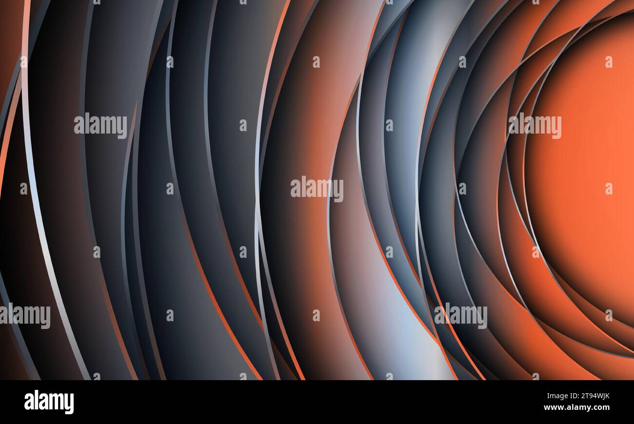 Abstrakter grauer und orangefarbener 3D-Hintergrund mit geometrischen Kreislinien. Futuristische realistische Vektorillustration mit abgerundeten Linien für Unternehmen Stock Vektor