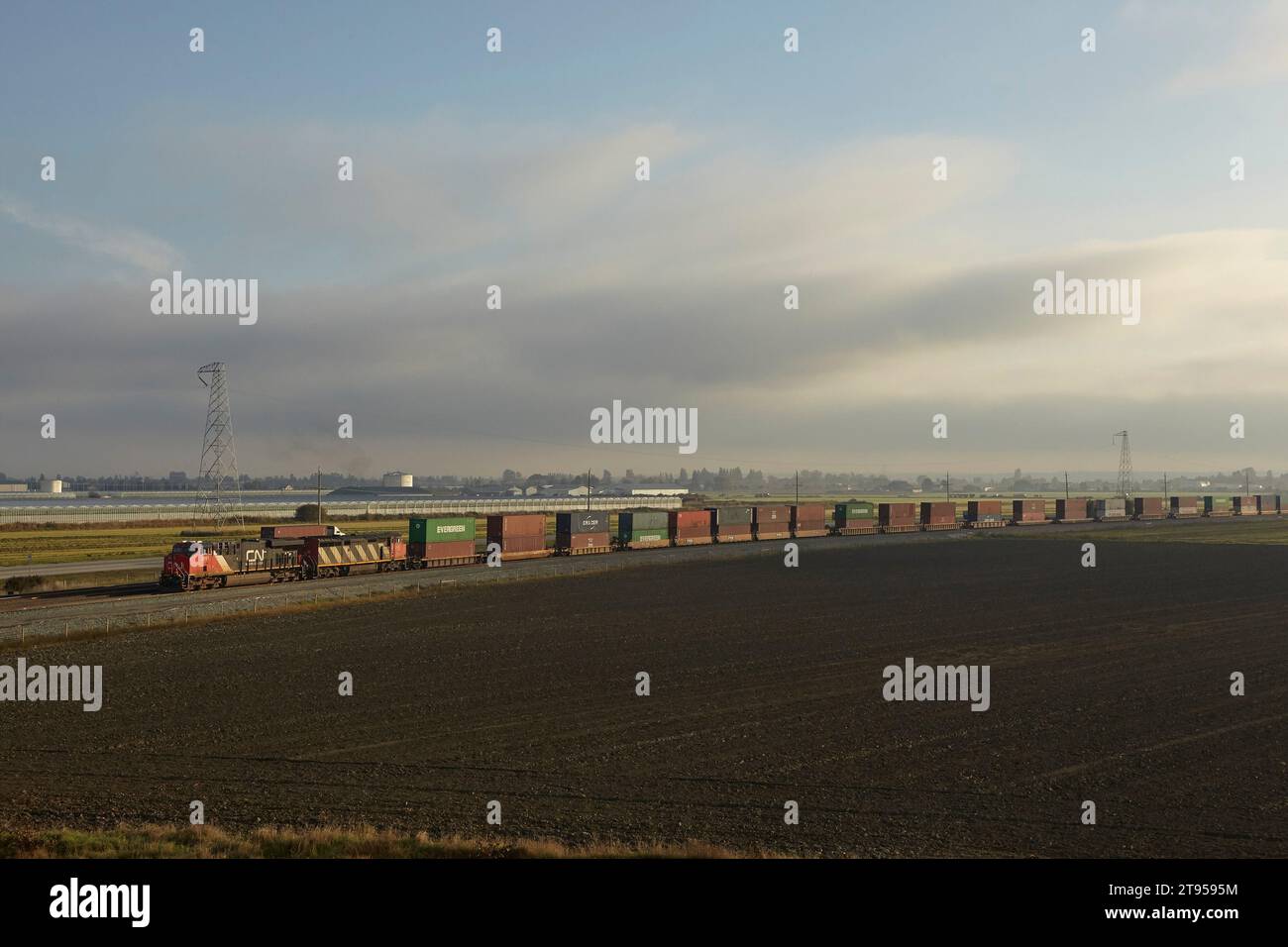 CNR-Güterzug mit Containergütern, der am frühen Morgen durch Ackerland fährt, zur Ausfuhr nach Deltaport. Stockfoto