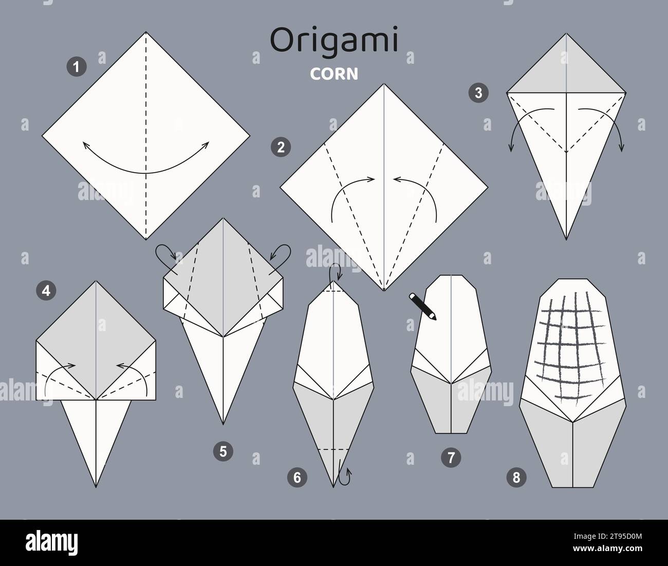 Origami-Tutorial für Kinder. Origami süßer Mais. Stock Vektor