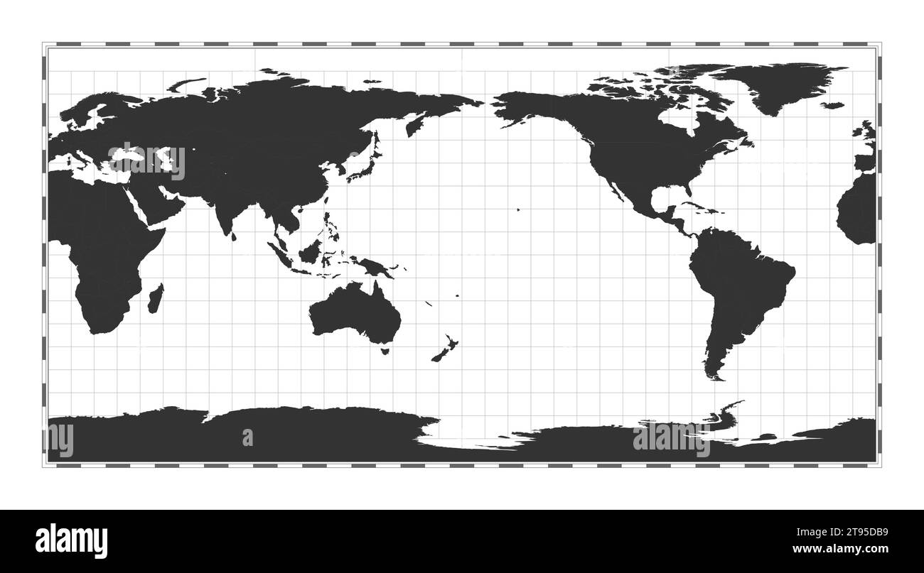 Vektor-Weltkarte. Äquirechteckige Projektion (Platte carree). Einfache geografische Weltkarte mit Breiten- und Längengraden. Zentriert auf 180 Grad Länge Stock Vektor