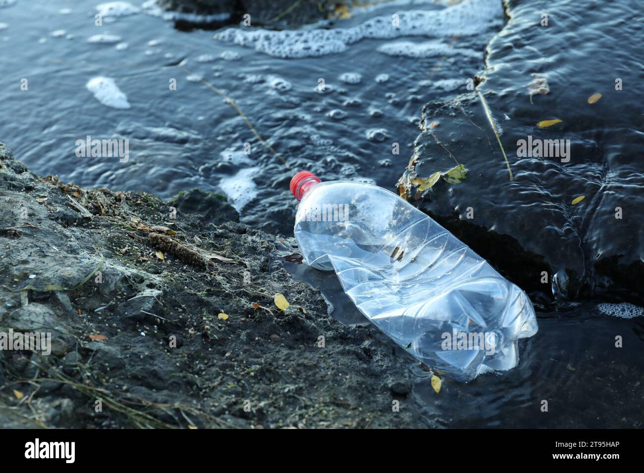 Benutzte Plastikflasche in der Nähe von Wasser im Freien, Platz für Text. Umweltverschmutzung Stockfoto