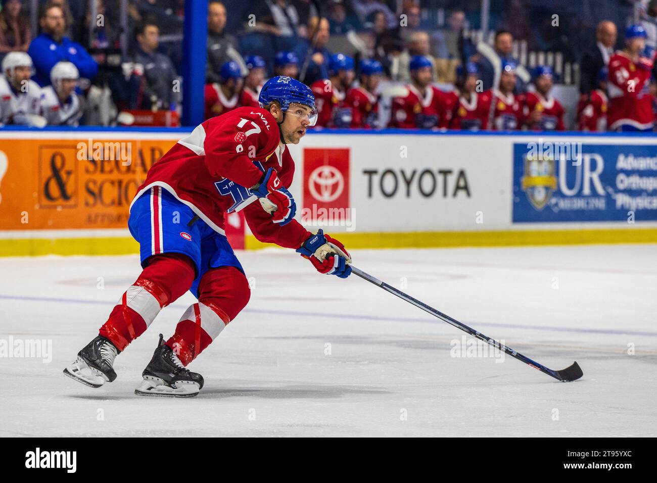 Rochester, New York, USA. November 2023. Laval Rocket Stürmer Nathan Legare (17) skatet in der ersten Periode gegen die Rochester-Amerikaner. Die Rochester Americans veranstalteten die Laval Rocket in einem Spiel der American Hockey League in der Blue Cross Arena in Rochester, New York. (Jonathan Tenca/CSM). Quelle: csm/Alamy Live News Stockfoto
