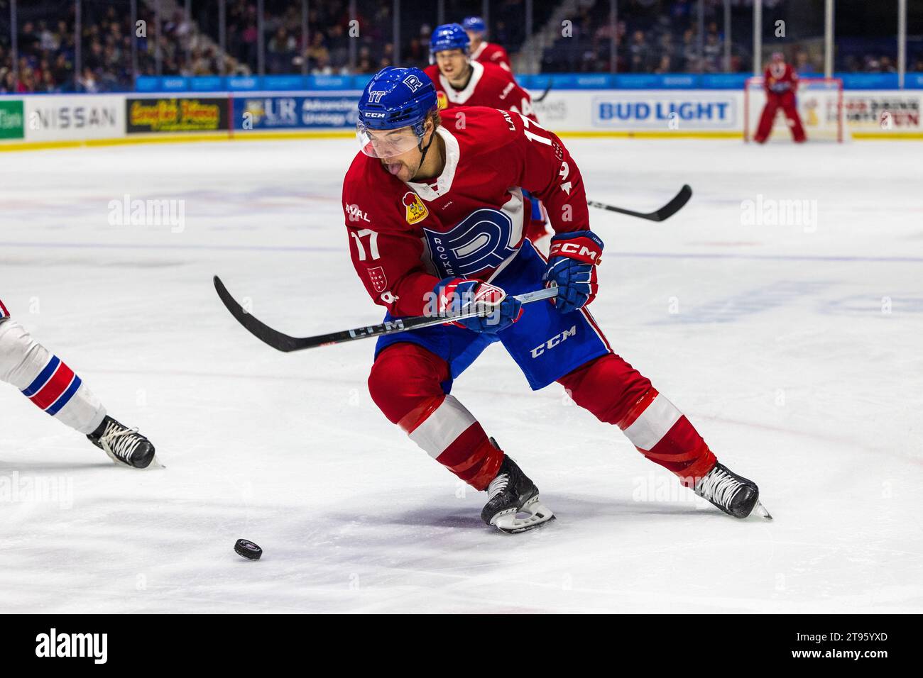 Rochester, New York, USA. November 2023. Laval Rocket Stürmer Nathan Legare (17) skatet in der ersten Periode gegen die Rochester-Amerikaner. Die Rochester Americans veranstalteten die Laval Rocket in einem Spiel der American Hockey League in der Blue Cross Arena in Rochester, New York. (Jonathan Tenca/CSM). Quelle: csm/Alamy Live News Stockfoto